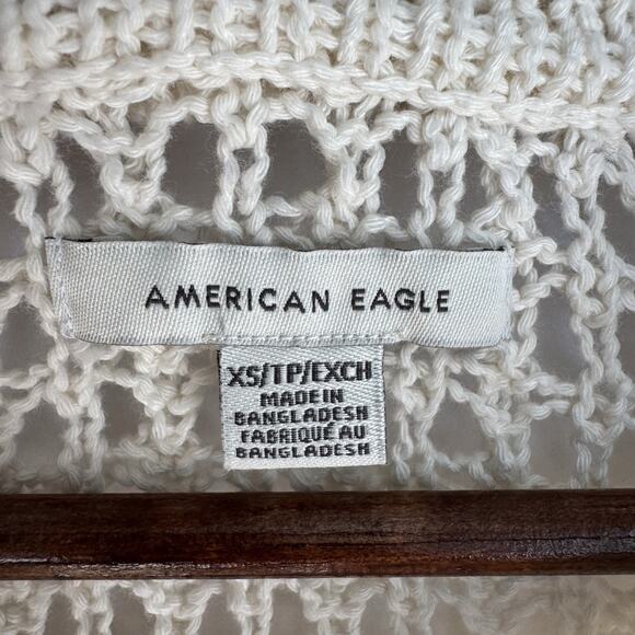 American Eagle Women’s XS Lace Up Collared Crochet Open Knit Cream Sweater Boho - Picture 2 of 10